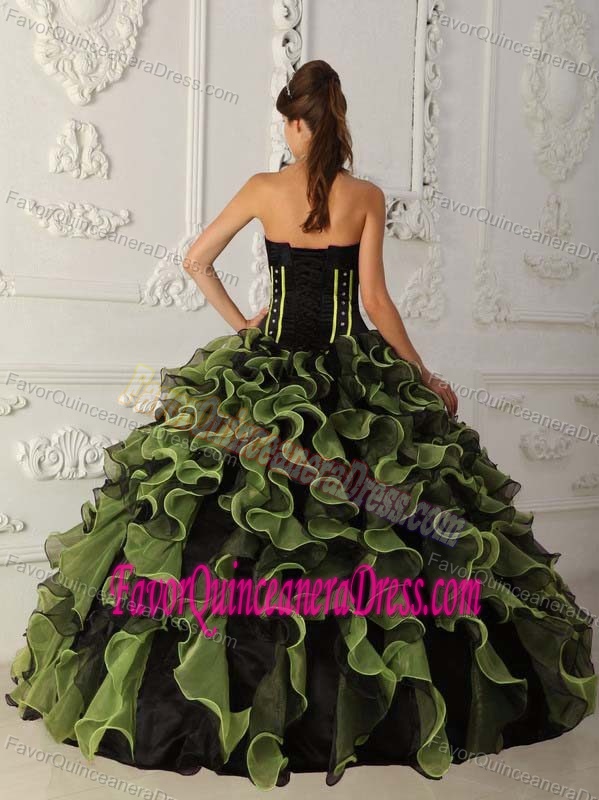 Refined Olive Green Sweetheart Organza Beading and Ruffles Quince Dress