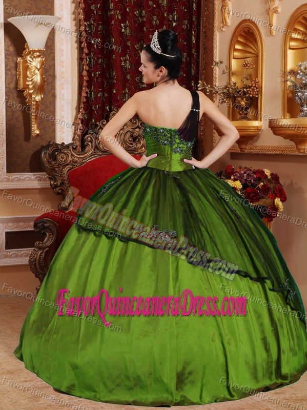 Miraculous Olive Green Quince Dress One Shoulder Taffeta with Appliques