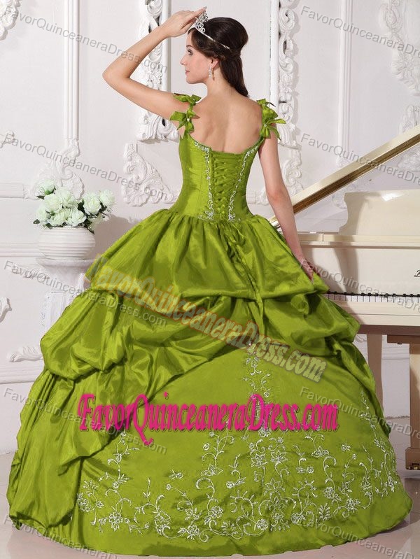 Exotic Quince Dress Olive Green Straps Taffeta Embroidery and Pick-ups