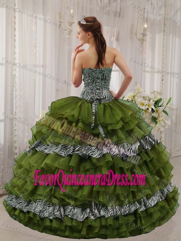 Glaring Beading Sweetheart Quince Dress in Olive with Zebra and Organza