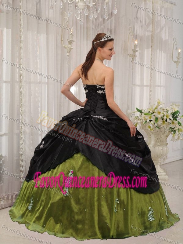 Perfect Black and Olive Green Quince Dress Strapless Taffeta Appliques