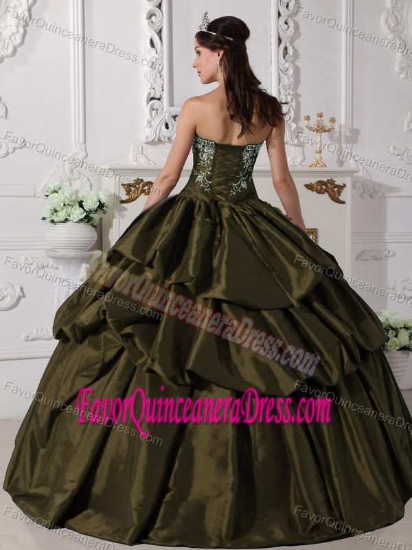 Metallic Olive Green Quinceanera Dress with Strapless Taffeta Embroidery
