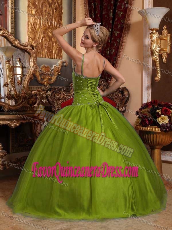 Chunky Beading Quinceanera Dress in Olive Green Spaghetti Straps Tulle