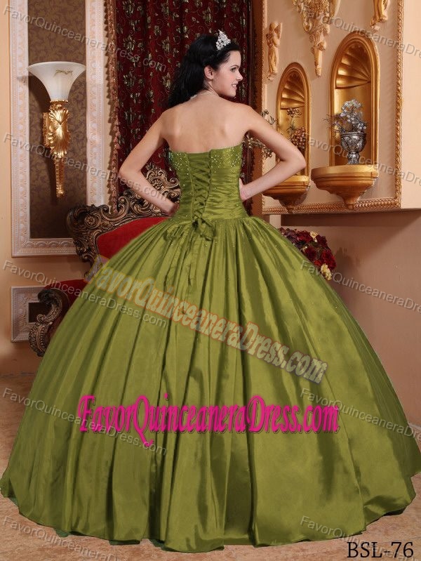 Intricate Strapless Taffeta Beading Quinceanera Dresses in Olive Green