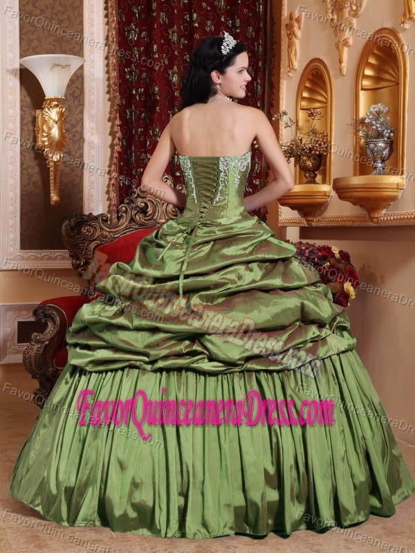 Modified Olive Green Strapless Taffeta Appliques Pick-ups Quince Dress
