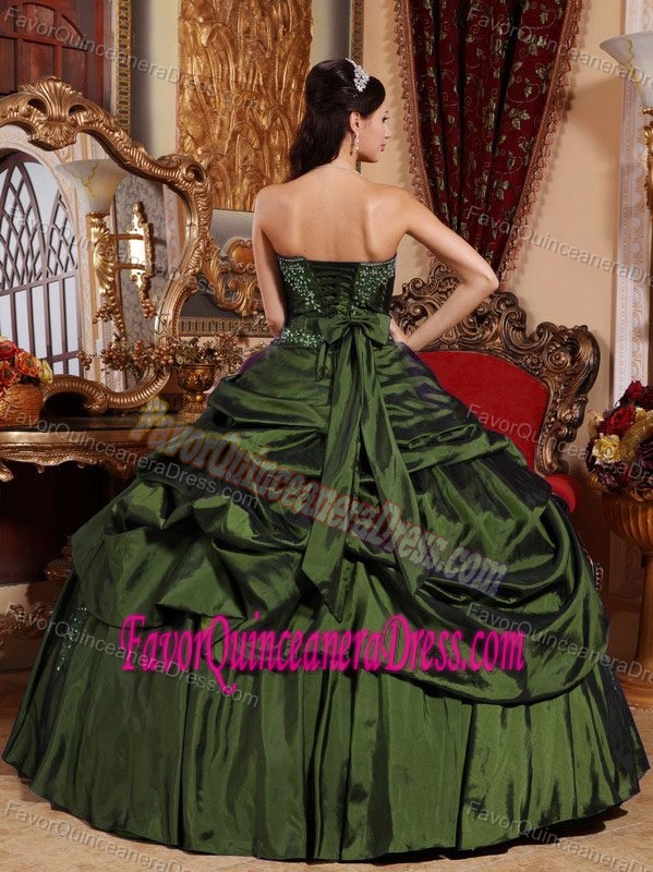 Vertical Quinceanera Dresses in Olive Green Strapless Taffeta Beading