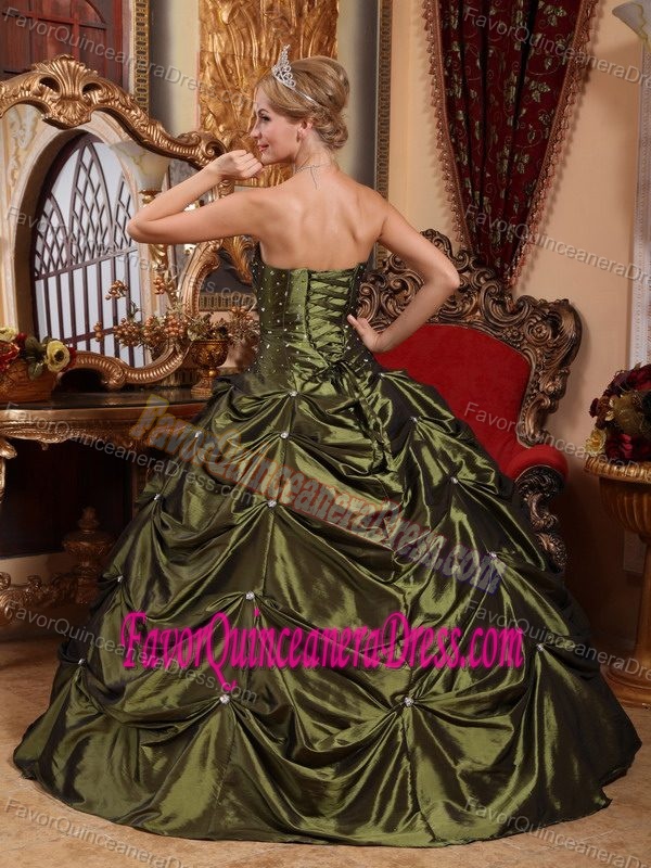 Wonderful Strapless Taffeta Beading Quinceanera Dresses in Olive Green