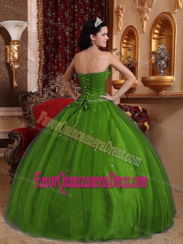 Trendy Ruffled Quince Dress in Olive Green Sweetheart Tulle with Beading
