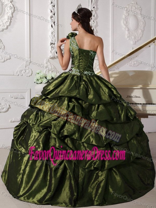 Olive Green One Shoulder Quince Dress Taffeta with Applique and Pick-ups