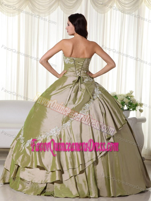 Floating Quinceanera Dress in Olive Green Strapless Taffeta Appliques