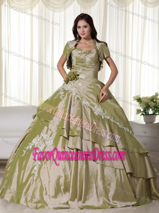 Floating Quinceanera Dress in Olive Green Strapless Taffeta Appliques