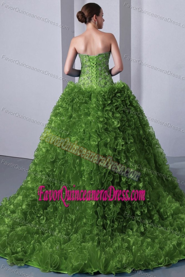 Dazzling Quince Dress Olive Green Sweetheart Organza Beading and Ruffles