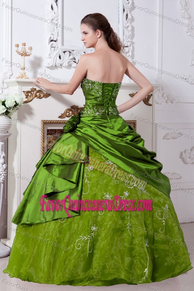 Military Quinceanera Dress in Olive Green Strapless Taffeta Embroidery