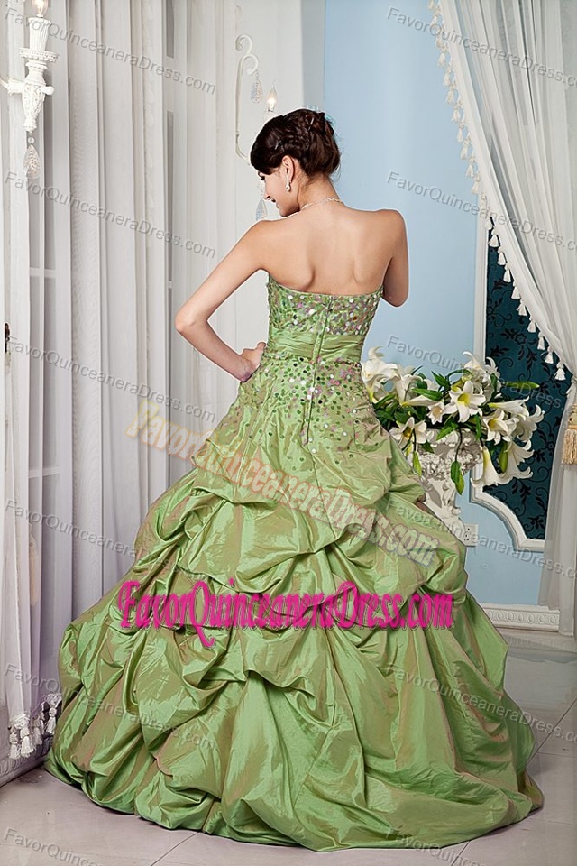 Modern Olive Green Quinceanera Dress Pick-ups Sweetheart Taffeta Sequins