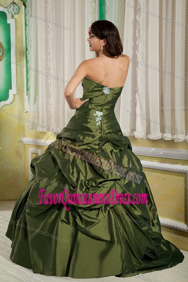 Inexpensive Strapless Taffeta Appliques Quinceanera Dress in Olive Green