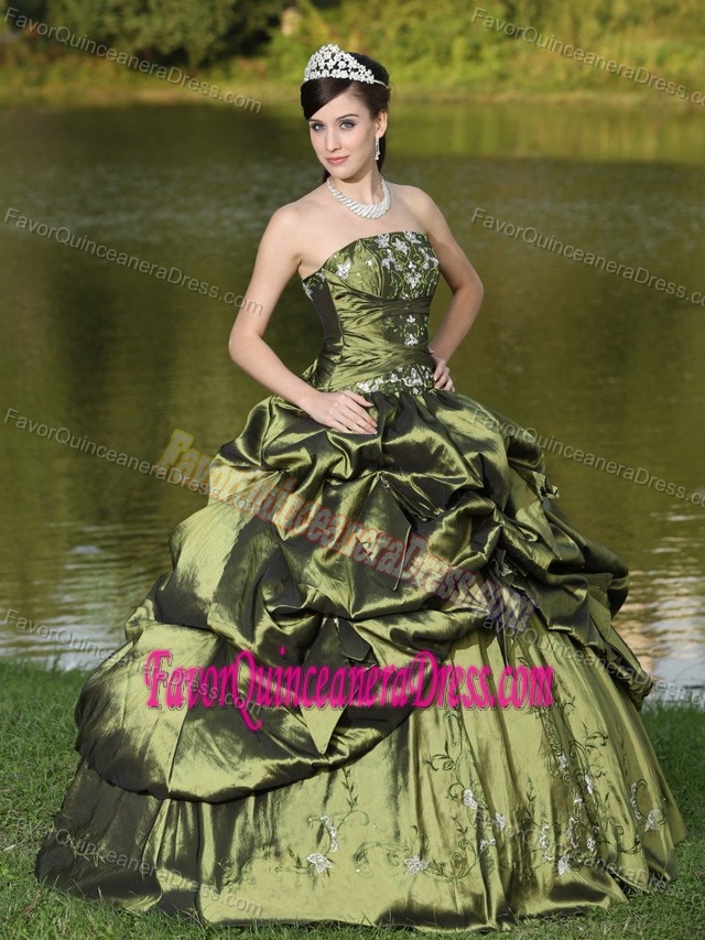 Magnificent Pick-ups Beading Quinceanera Dress Strapless in Olive Green