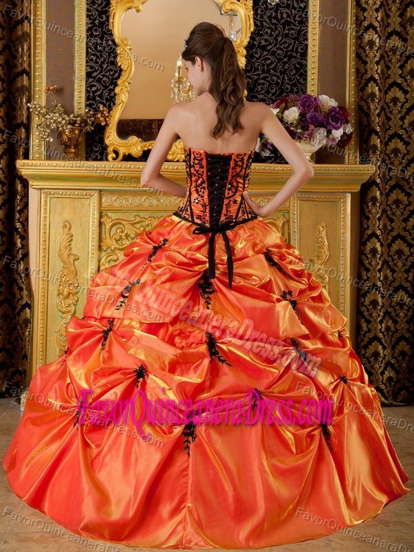 Orange Ball Gown Strapless Quinceanera Dress with Pick-ups and Appliques