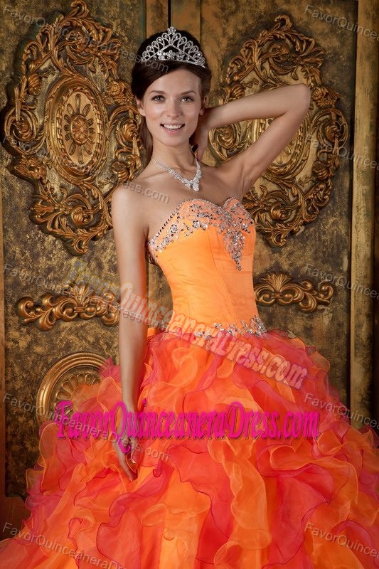 Orange and Hot Pink Sweetheart Beaded Quinceanera Dresses with Ruffles