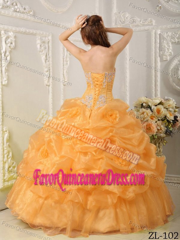 Gold Ball Gown Strapless Quinceanera Dresses with Beading and Pick-ups