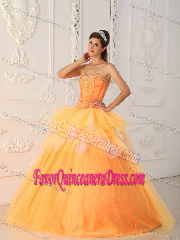 Orange Yellow Sweetheart Tulle 2013 Quinceanera Dress with Lace up Back