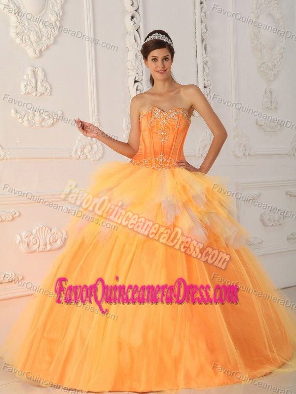 Orange Yellow Sweetheart Tulle 2013 Quinceanera Dress with Lace up Back