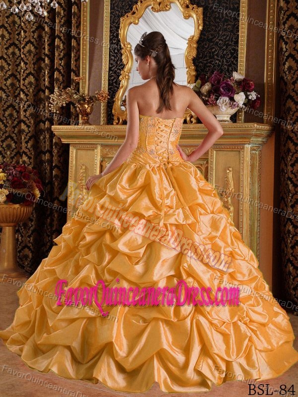 Gold Ball Gown Sweetheart Quinceanera Dress with Beading and Pick-ups
