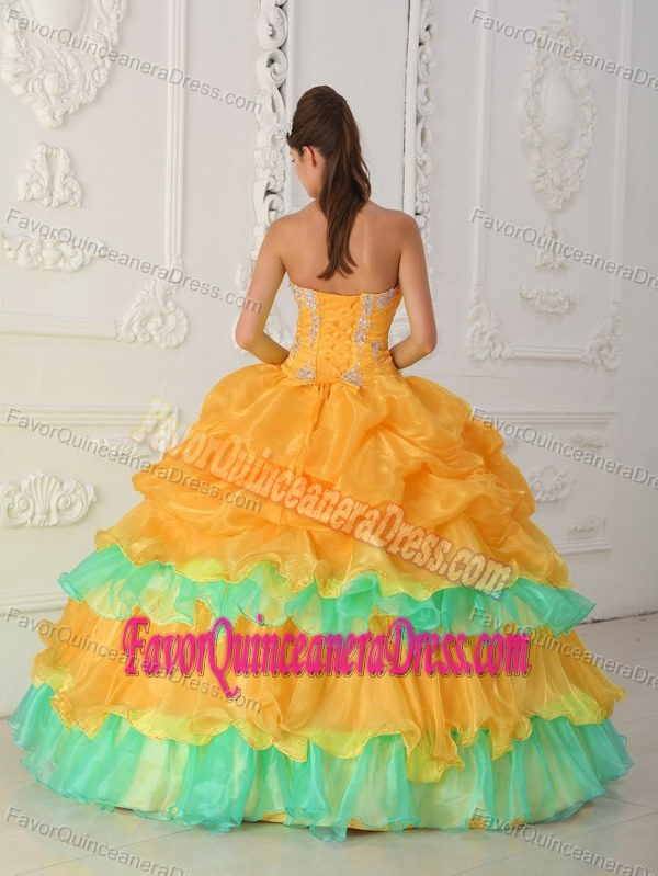 Beautiful Yellow and Green Organza Beaded Quinceanera Dress with Ruffles