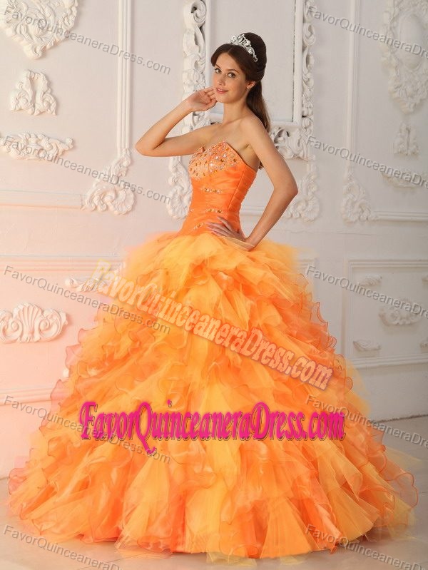 Hot Orange Ball Gown Sweetheart Beaded Quinceanera Dress with Ruffles