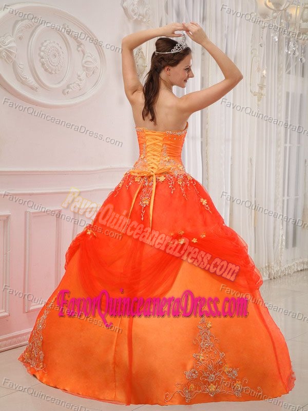 Orange Red Ball Gown Strapless Beaded Quinceanera Dress with Appliques