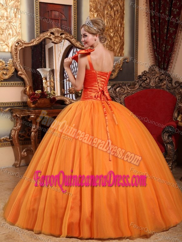 Orange Ball Gown One Shoulder Tulle Beaded Quinceanera Dress Ruched