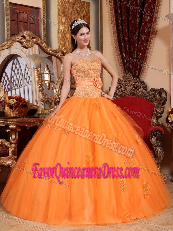 Cheap Tulle Taffeta Orange Quinceanera Gown Dresses with Appliques