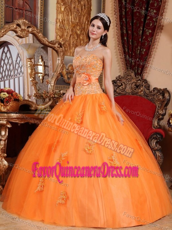 Cheap Tulle Taffeta Orange Quinceanera Gown Dresses with Appliques