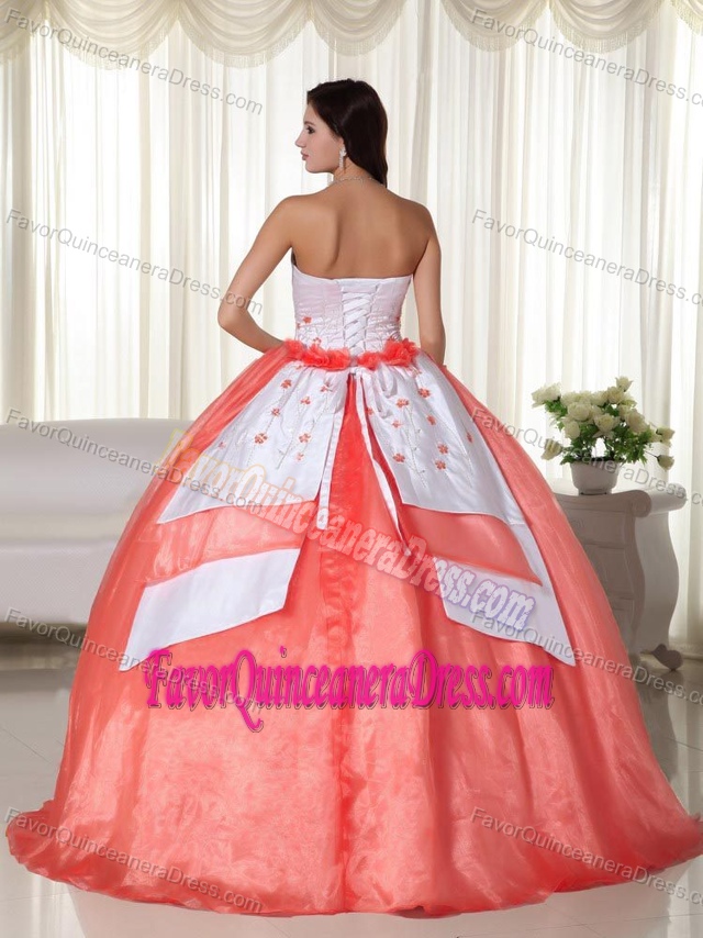 New Satin Organza White and Watermelon Quinces Dress with Embroidery