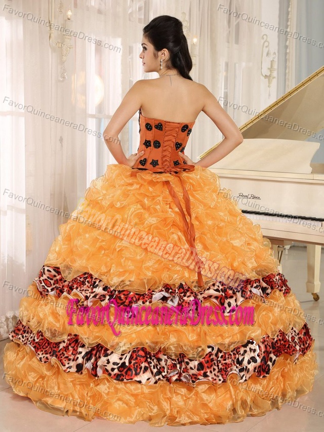 Modernistic Ruffled Orange Organza Quinces Dresses with Leopard Print