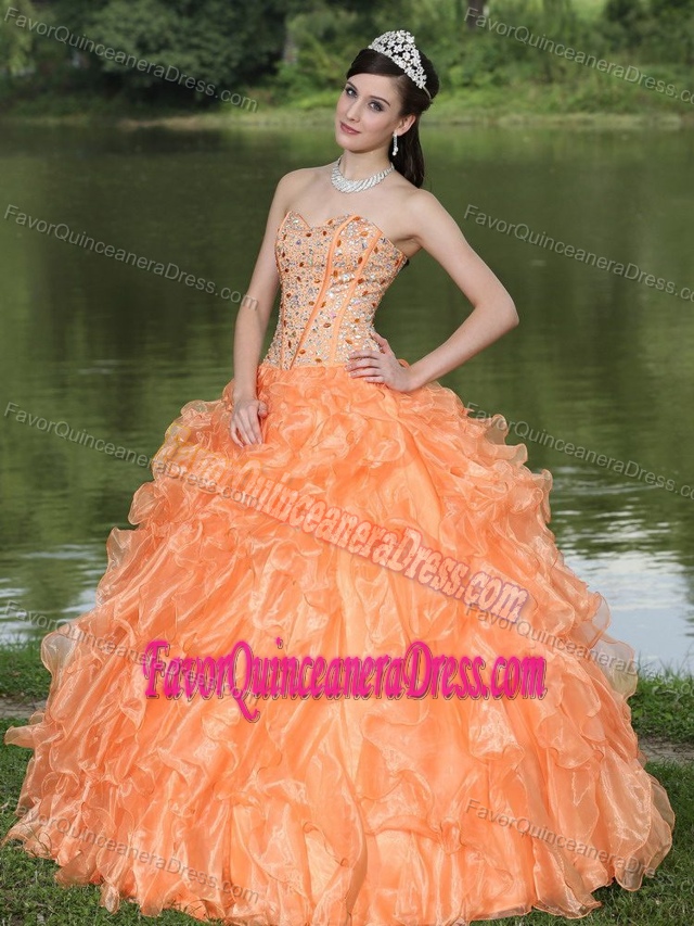 Perfect Beaded Ruffled Orange Organza Quinceanera Gown Dress Online