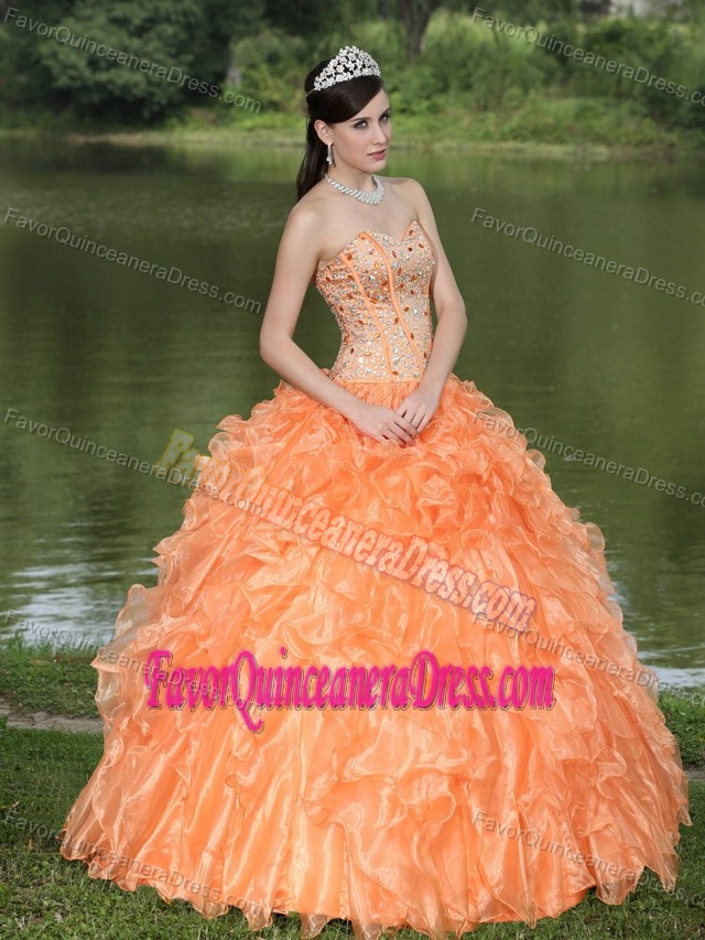 Perfect Beaded Ruffled Orange Organza Quinceanera Gown Dress Online