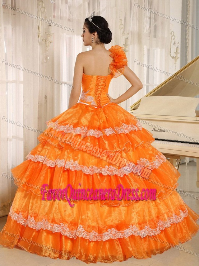 Special One Shoulder Tiered Organza Orange Quince Dress with Flowers