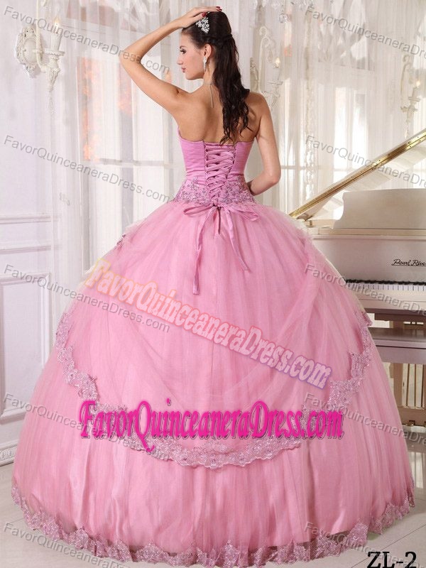Sweet Pink Ball Gown Sweetheart Tulle Quinceanera Dresses with Appliques