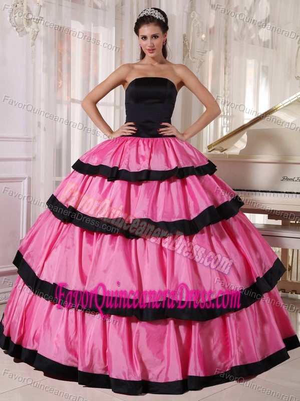 2013 Rose Pink and Black Ball Gown Strapless Quinceanera Dress with Layers