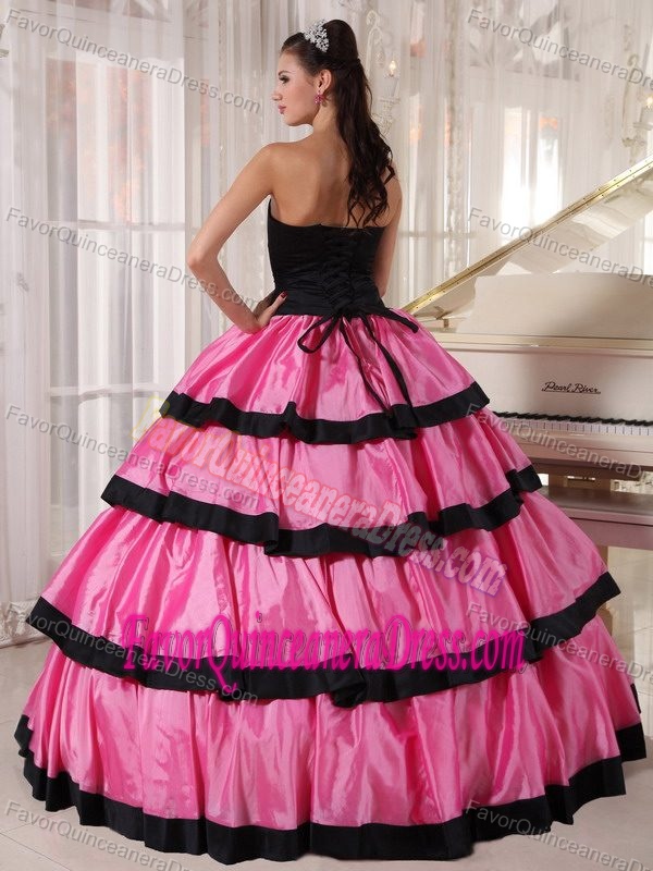 2013 Rose Pink and Black Ball Gown Strapless Quinceanera Dress with Layers