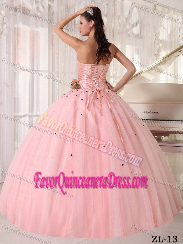 Pink Ball Gown Strapless Ruched Quinceanera Dress with Hand Made Flowers