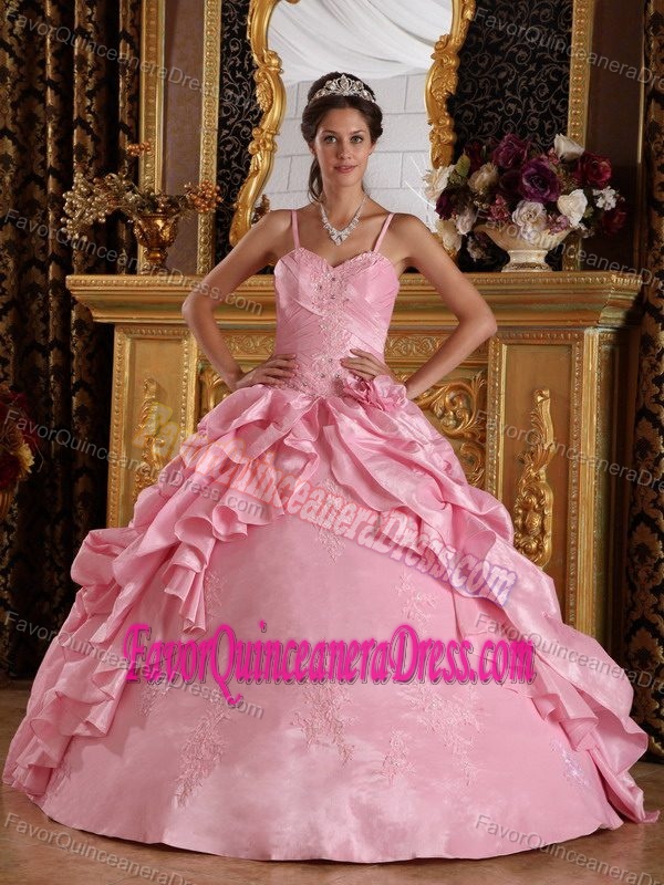 Pink Ball Gown Straps Quinceanera Dresses with Applique and Ruching in 2014