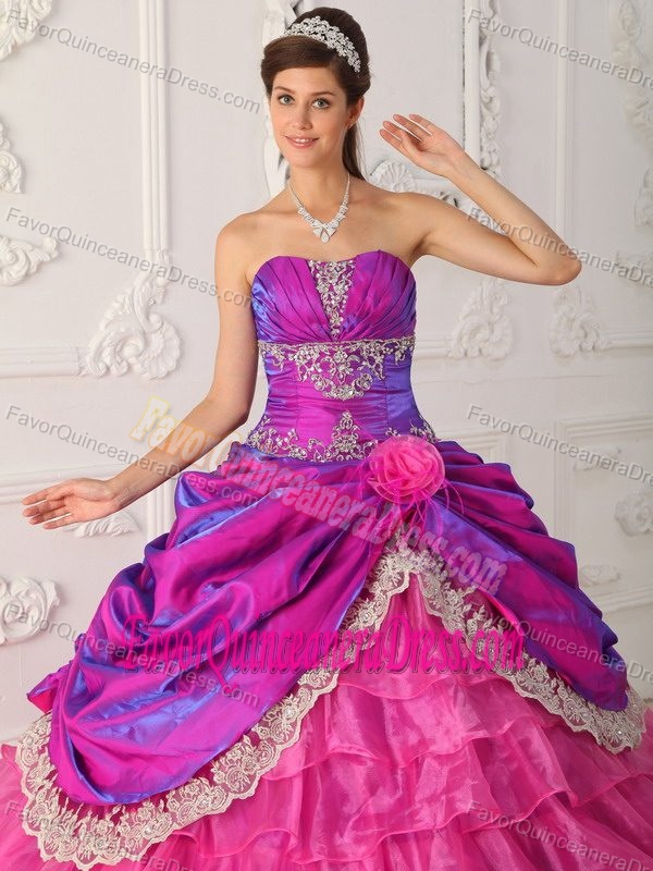 Hot Pink Organza and Taffeta Lace Quinceanera Dress with Appliques