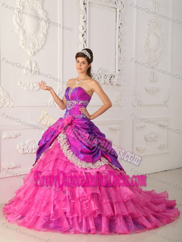 Hot Pink Organza and Taffeta Lace Quinceanera Dress with Appliques