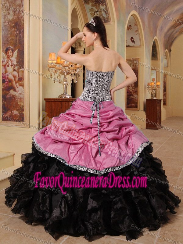Cheap Pink and Black Ruffled Quinceanera Dress in Taffeta and Organza