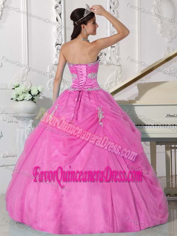 Pink Appliqued Hand Made Flower Quince Dress in Taffeta and Organza