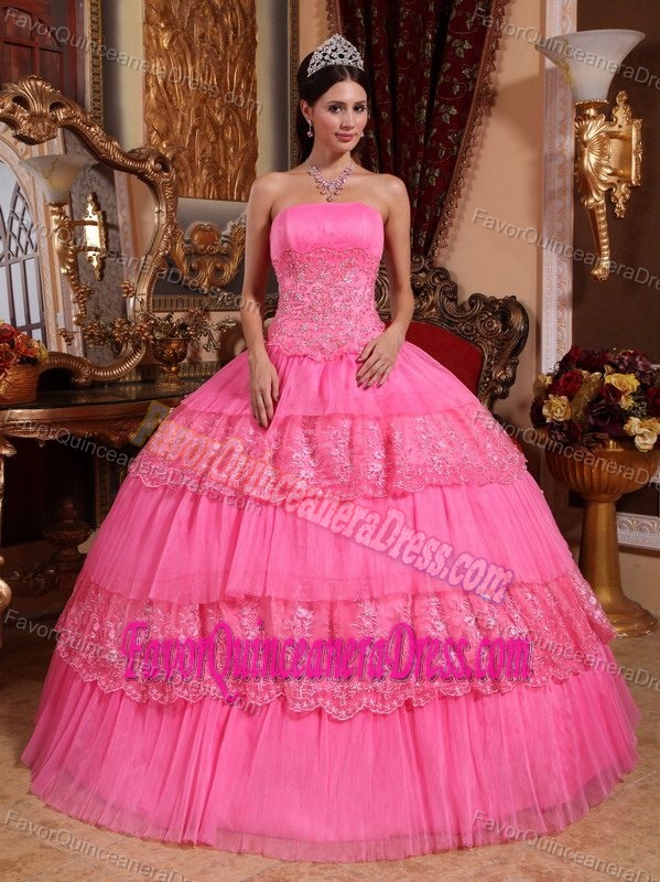 Brand New Organza Lace Pink Dress for Quinceanera with Appliques
