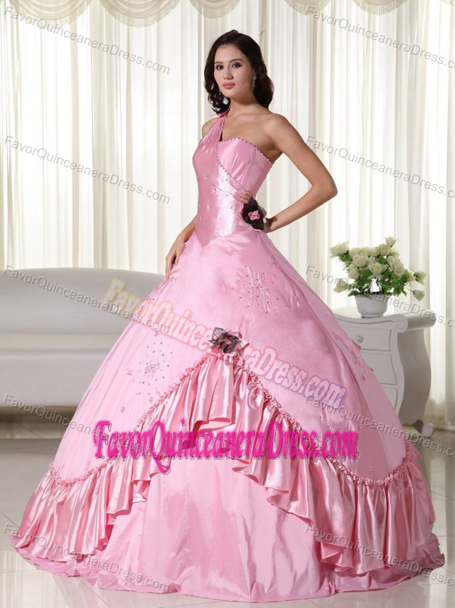 Angel Baby Pink One Shoulder Taffeta Quinceanera Dress with Beading