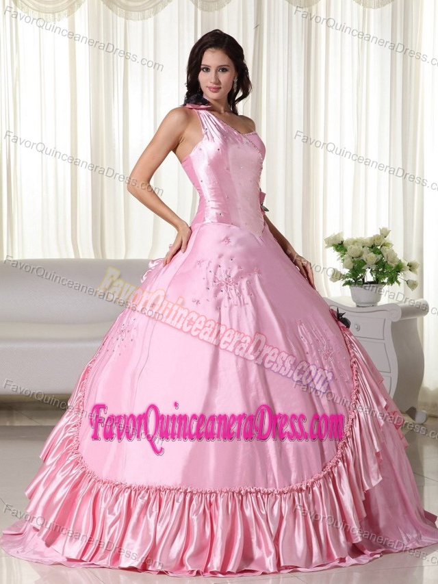 Angel Baby Pink One Shoulder Taffeta Quinceanera Dress with Beading