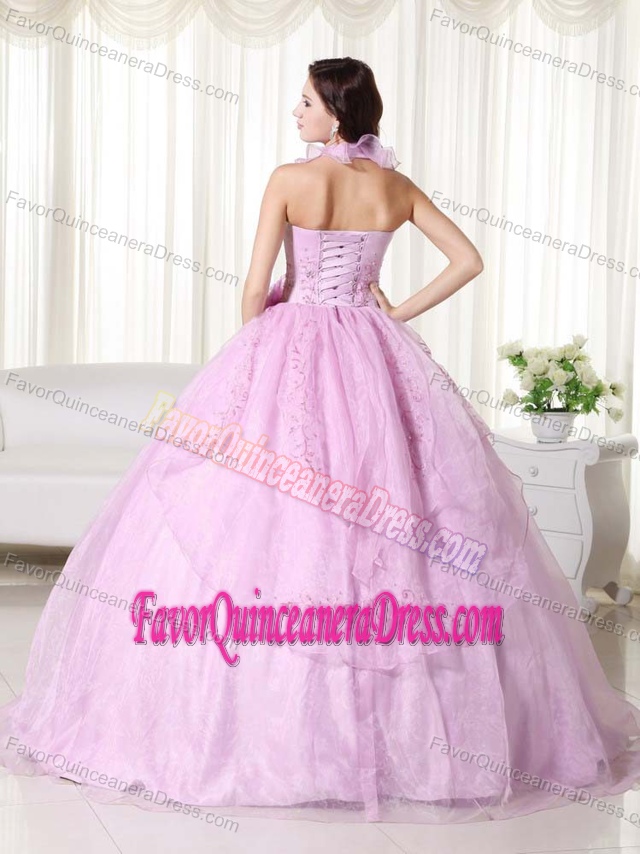 Puffy Halter Chiffon Embroidered Beaded Quinceanera Dress in Pink